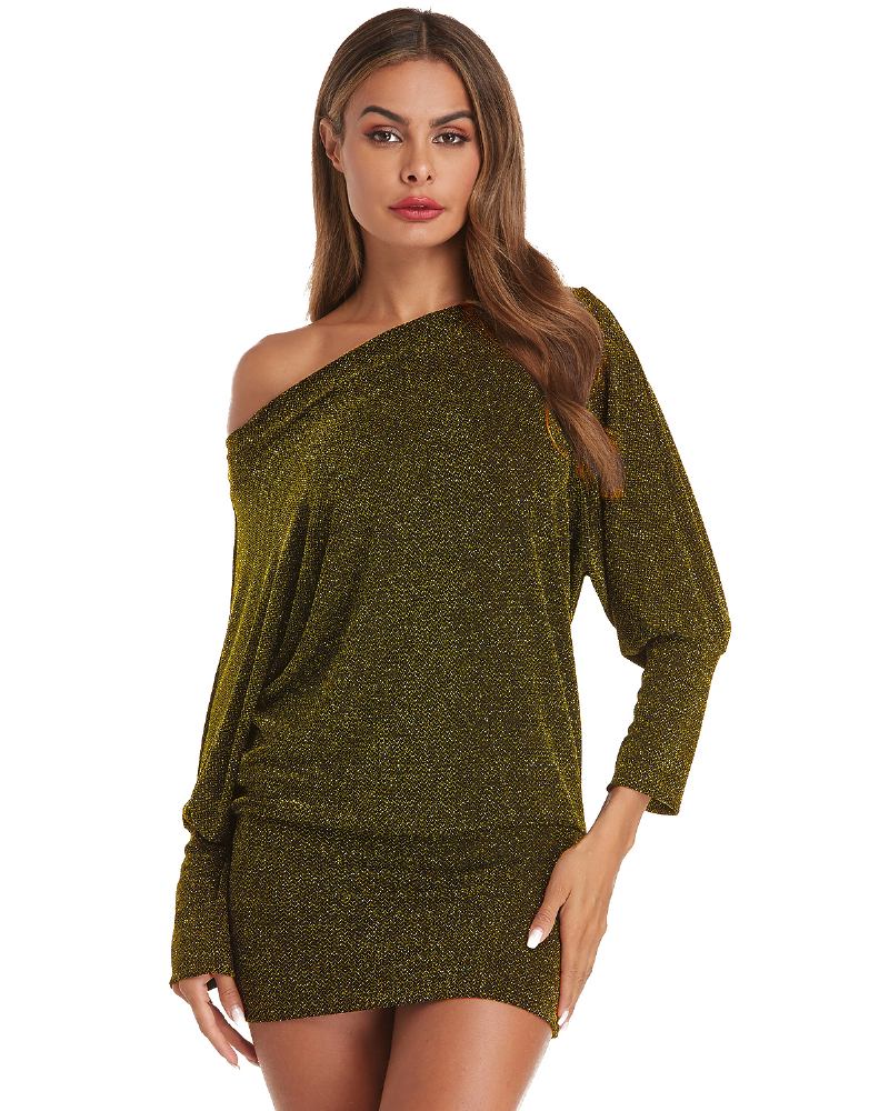 Kvinnor Fin Flash Off Shoulder Batwing Sleeve Cotton Hip Kjol Klänning