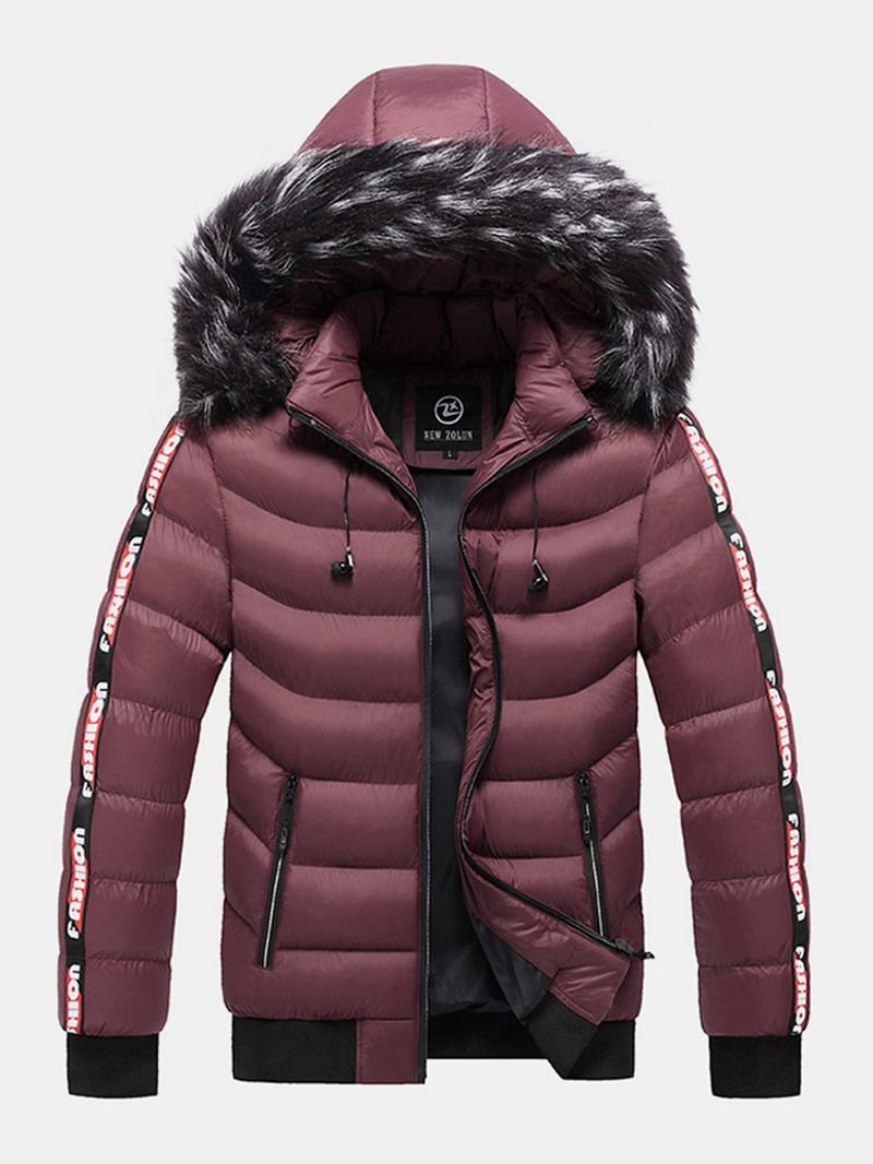 Män Letter Webbing Tjock Avtagbar Päls Hooded Zipper Pocket Enfärgad Dunjacka