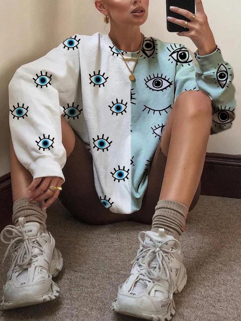 Dam Patchwork Eye Med Tryck Rundhalsad Tröja Casual Sweatshirts