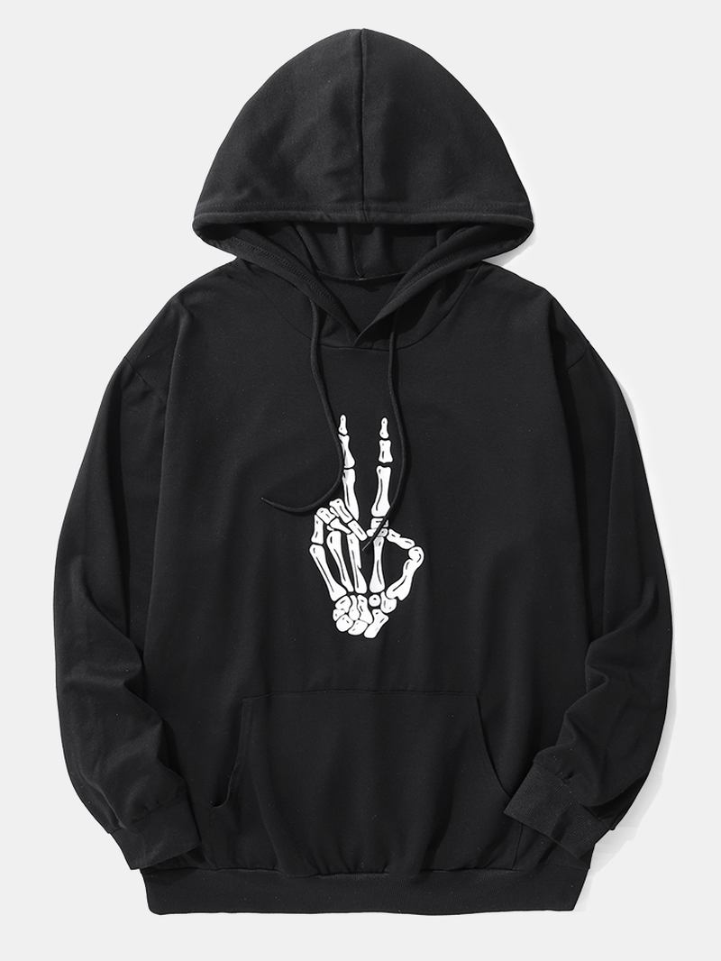 Herr Casual Black Hand Bone Hoodies Med Snörning