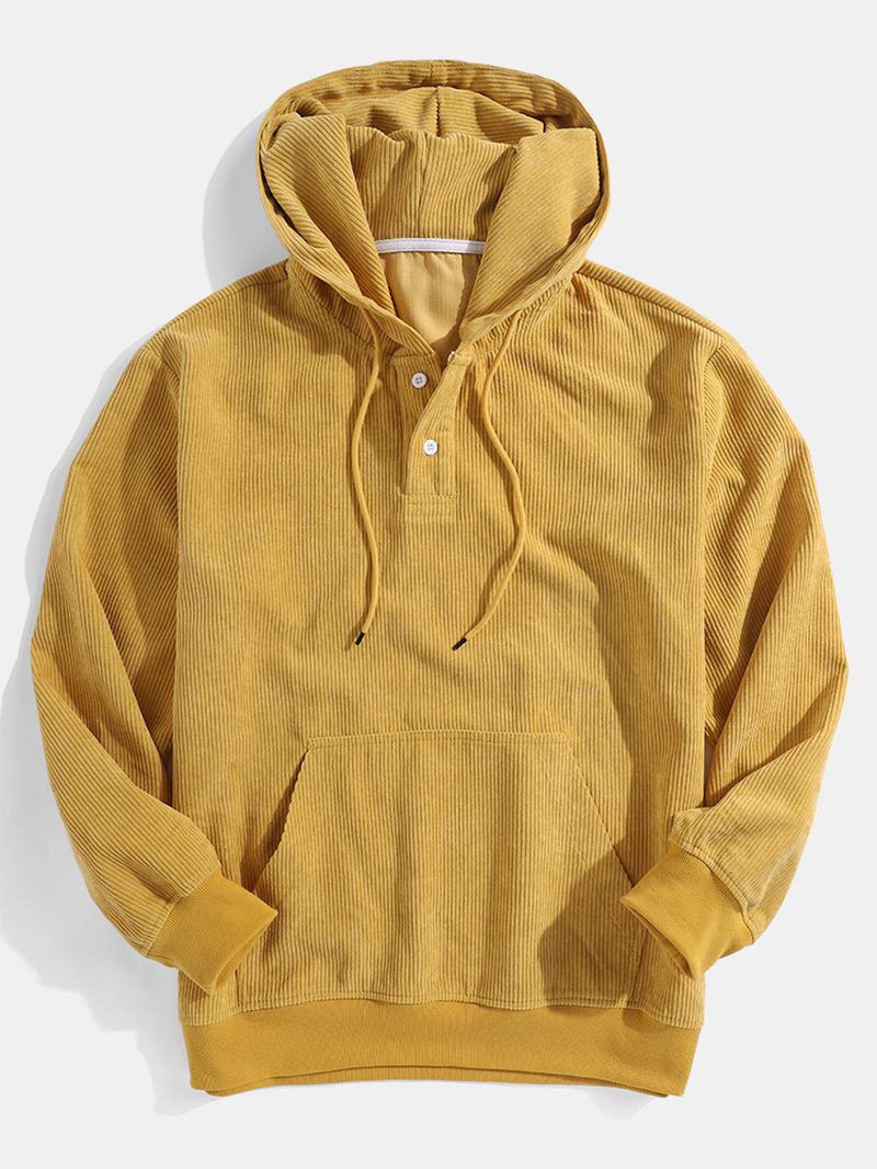 Herr Corduroy Solid Casual Button Henley Hoodies Med Känguruficka