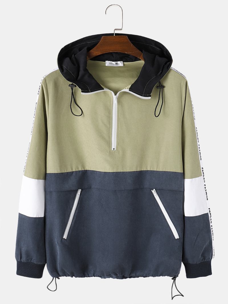 Herr Patchwork Färg Block Zipper Front Hoodie Portable Windbreaker Jacka