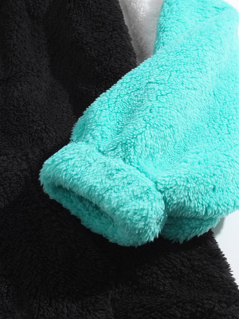 Herr Patchwork Raglan Ärmar Plysch Fluffy Teddy Hoodies Med Ficka