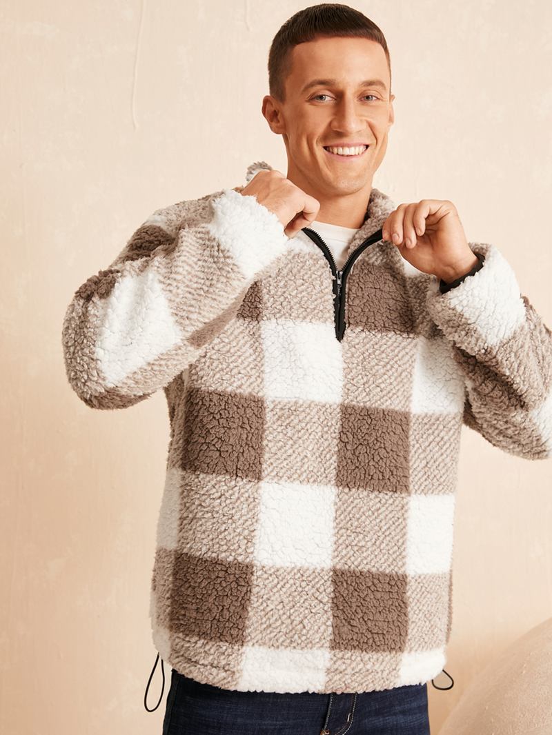 Herr Teddy Pullover Lös Halv Zip Dragsko Nedslag Lapel Pullover Sweatshirt