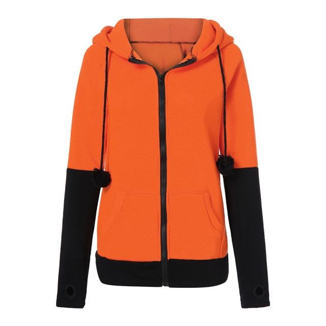 Hösttröja Dam Tumärm Rävöron Patchwork Luvtröjor Dragkedja Träningsoverall Avslappnad Hooded Kvinnlig Kappa