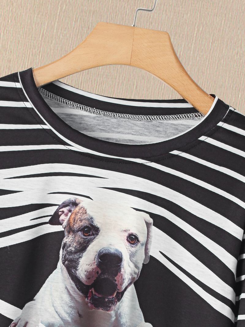 Kvinnor 3d Hund & Stripe Med Tryck O-neck Pullover Casual Sweatshirts
