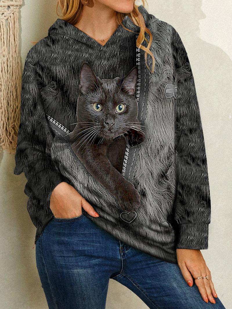Kvinnor Cartoon Black Katt Med Tryck Långärmad Casual Hoodies