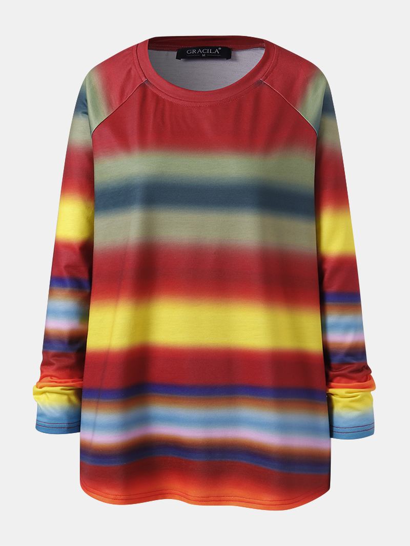 Kvinnor Multi Färg Ombre Randig O-hals Raglan Ärmar Casual Sweatshirts