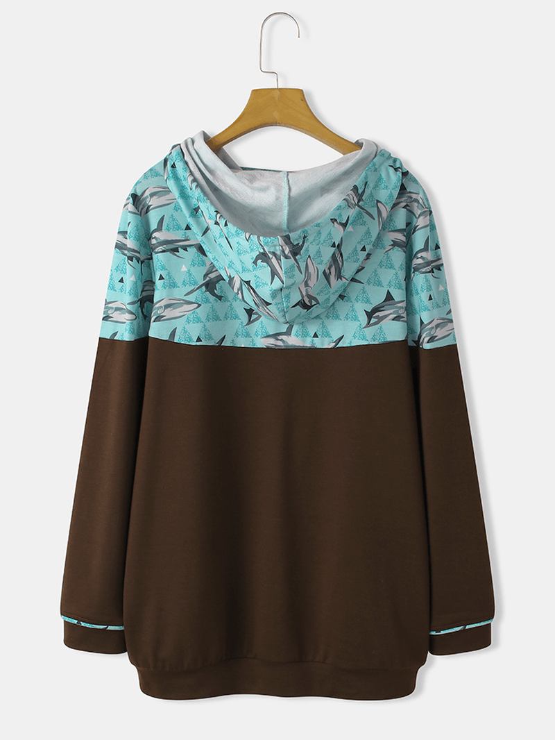 Kvinnor Shark Med Tryck Patchwork Långärmad Casual Huvtröjor Med Dragsko