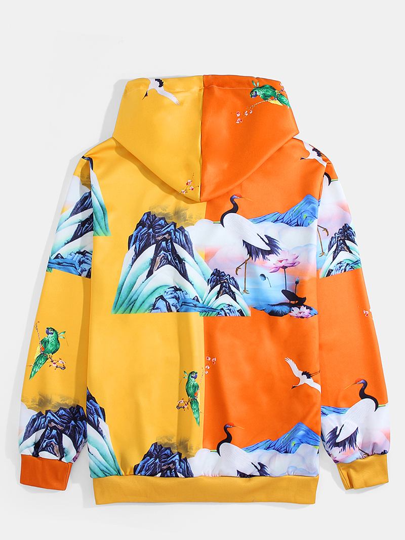Män Djur & Landskap Med Tryck Patchwork Hoodies Med Dragsko Med Känguruficka