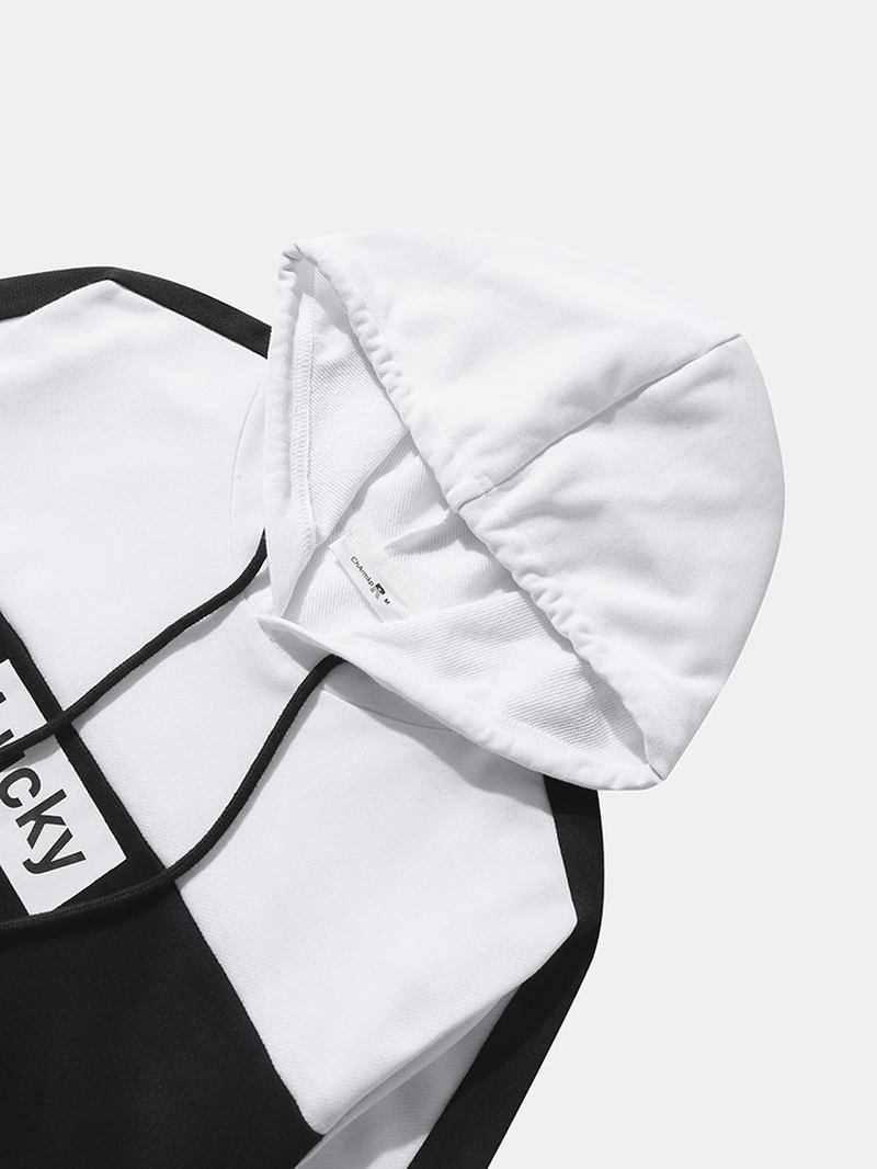 Män Lucky Letter Patchwork Fickor Dragsko Casual Hood Sweatshirt