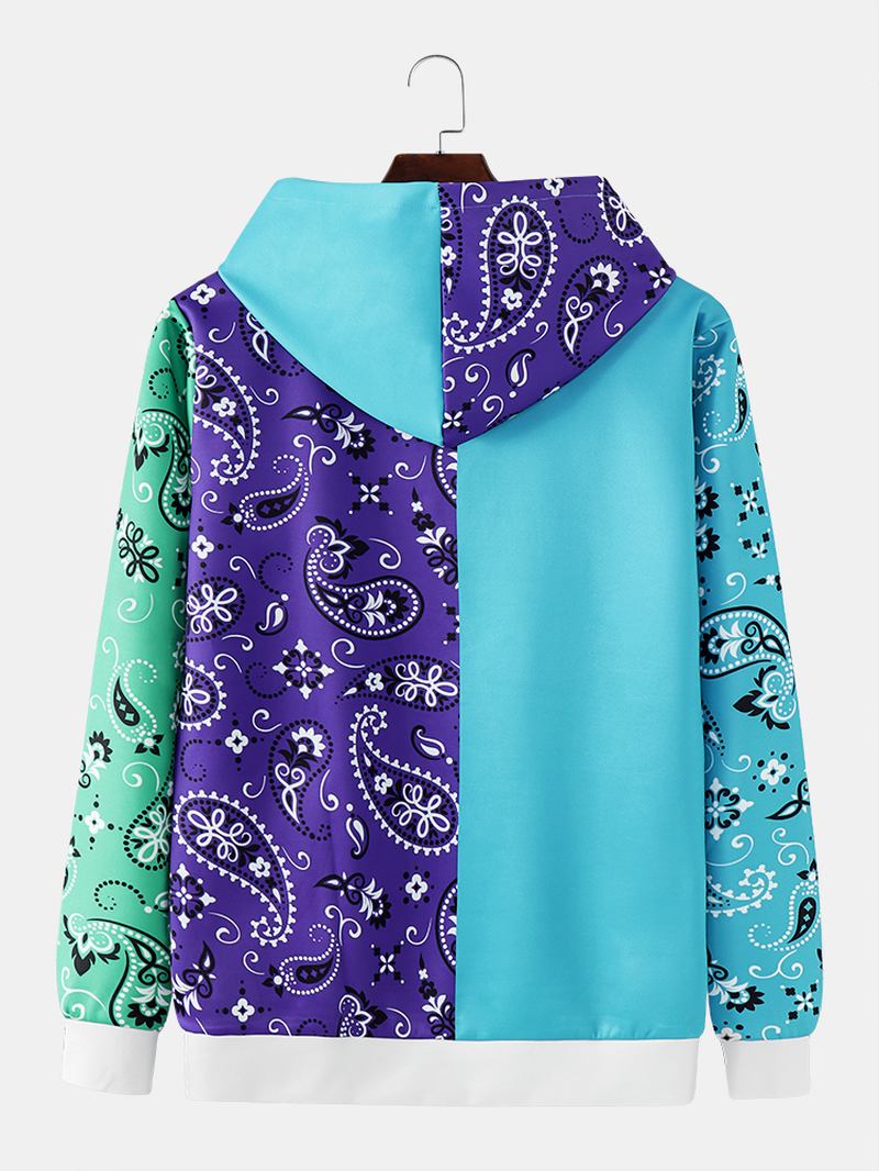 Män Paisley Patchwork Kontrastfärg Kangaroo Pocket Letter Hooded Sweatshirt