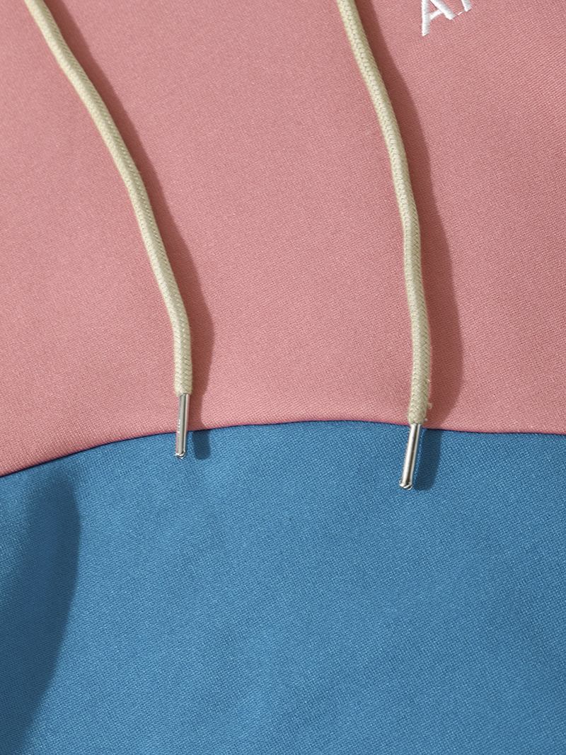 Män Patchwork Kontrast Färg Block Letter Dragsko Hood Sweatshirt