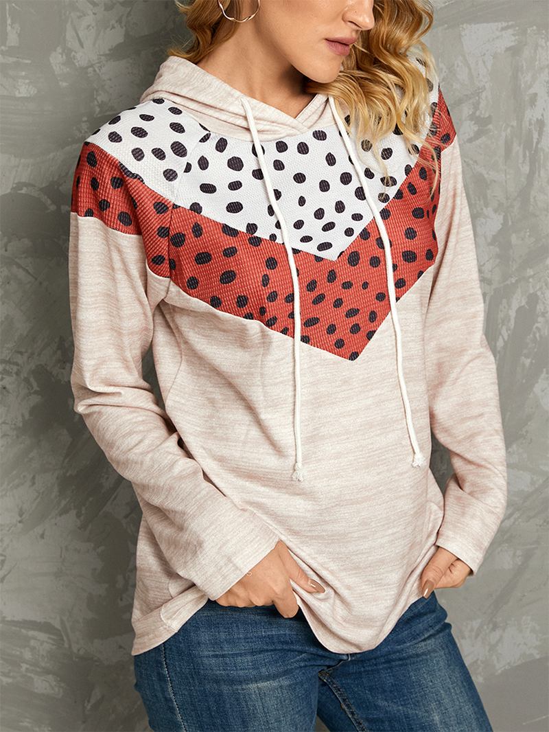 Polkadottryck Patchwork Casual Dragsko Långärmad Hoodies Med Rund Hals