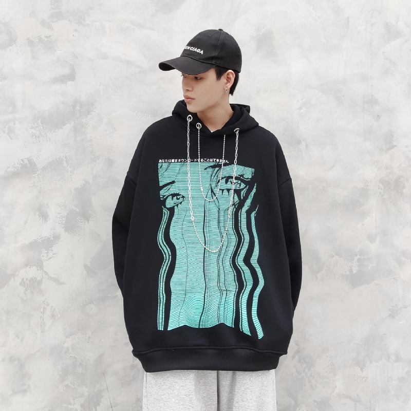 Retro Teary Geometriskt Tryck Hip Hop Plus Fleece Huvtröja