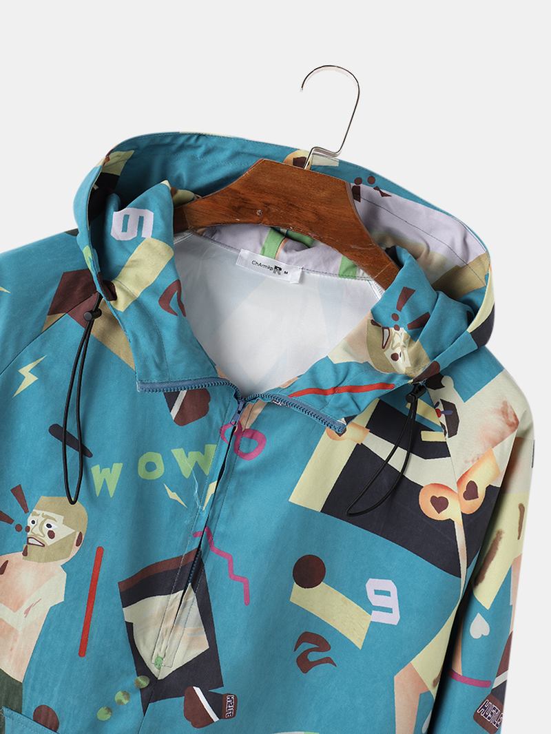 Rolig Figurtryck För Män Hoodie Med Halv Dragkedja Bärbar Vindjacka