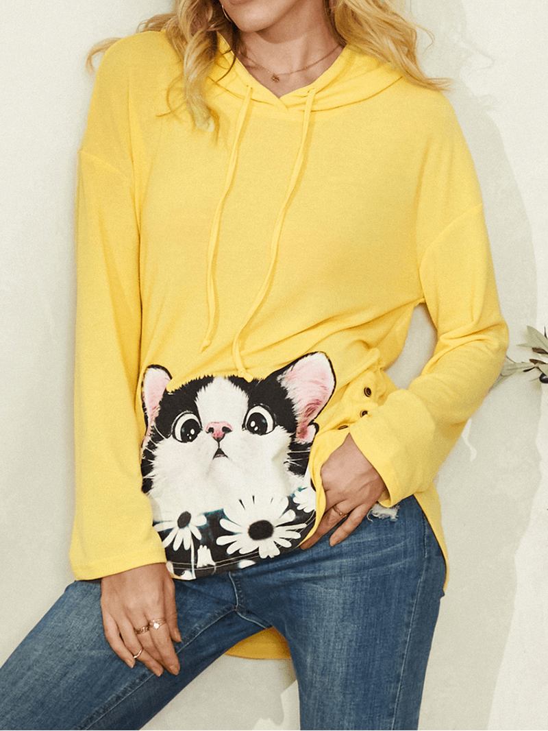 Tecknad Katt Blomma Med Tryck Sidoknapp Dragsko Böjd Fåll Pullover Hoodie För Kvinnor