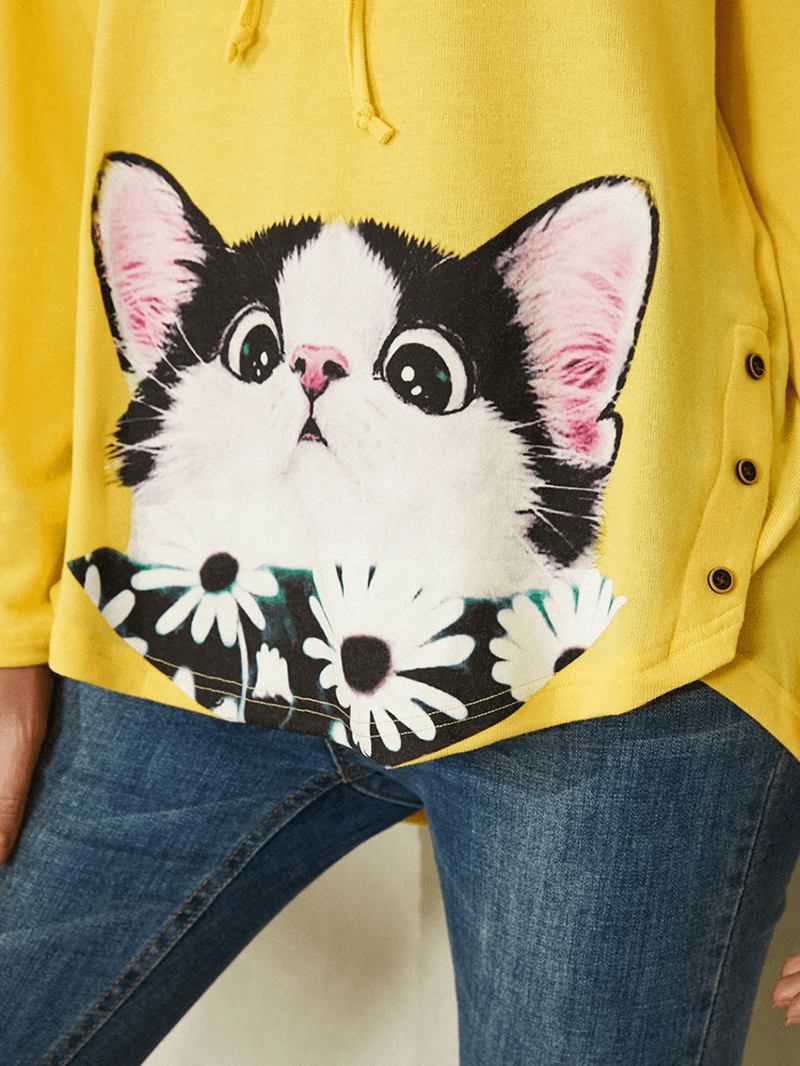 Tecknad Katt Blomma Med Tryck Sidoknapp Dragsko Böjd Fåll Pullover Hoodie För Kvinnor