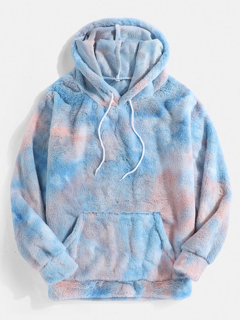 Tie-dye Plysch Fluffy Long Sleeve Teddy Hoodies Med Ficka