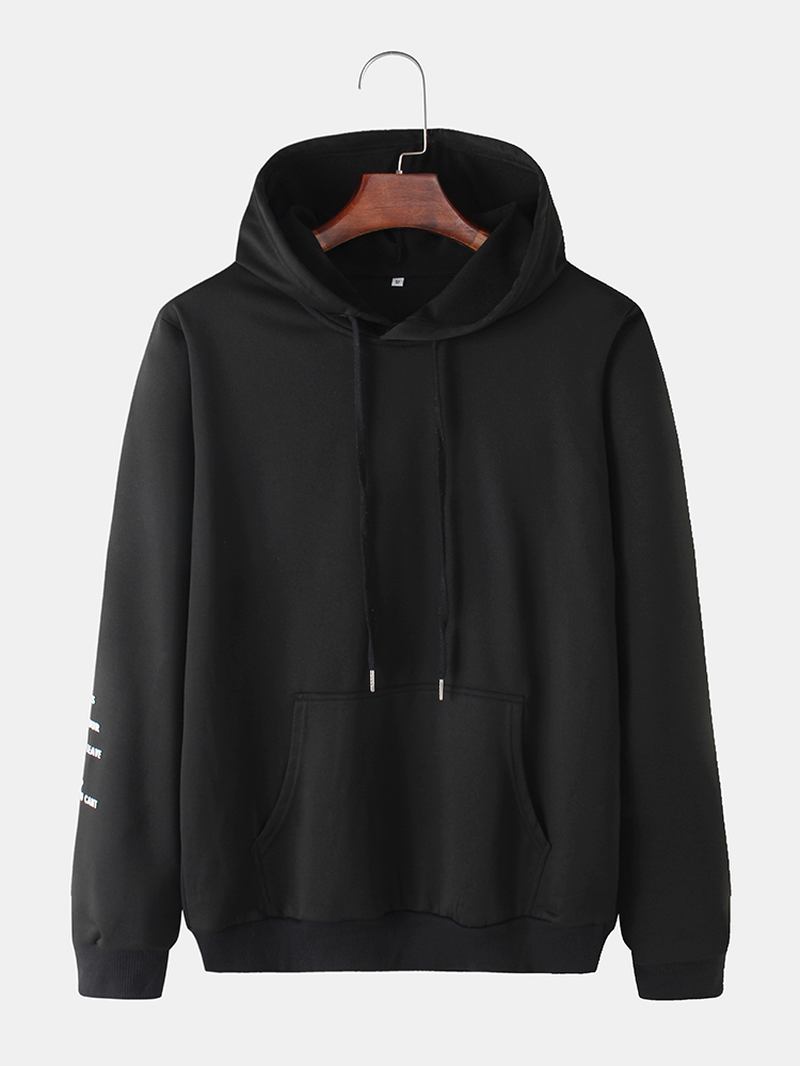 Vanligt Texttryck För Män På Ärmar Lös Casual Kangaroo Pocket Dragsko Hoodies