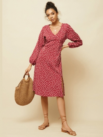 Chiffong Polka Dot Med Tryck Split Långärmad Causal Klänning