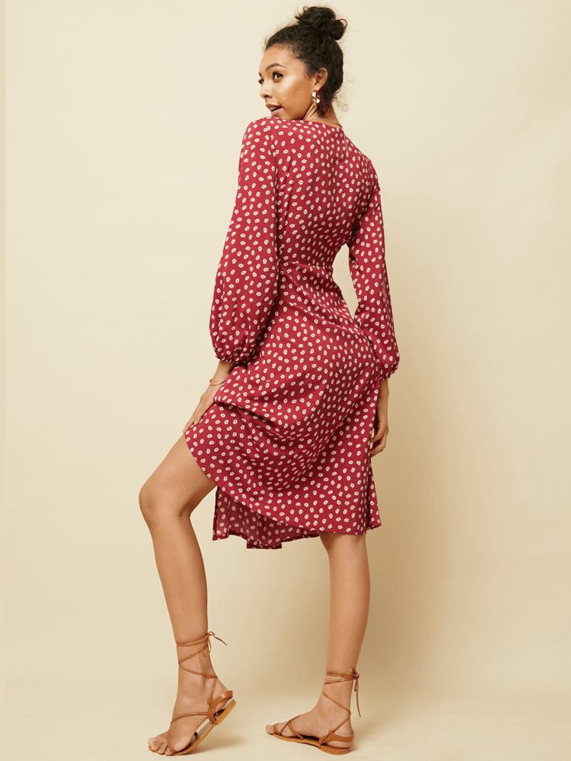 Chiffong Polka Dot Med Tryck Split Långärmad Causal Klänning