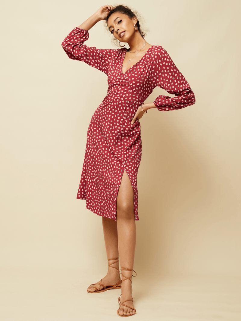 Chiffong Polka Dot Med Tryck Split Långärmad Causal Klänning