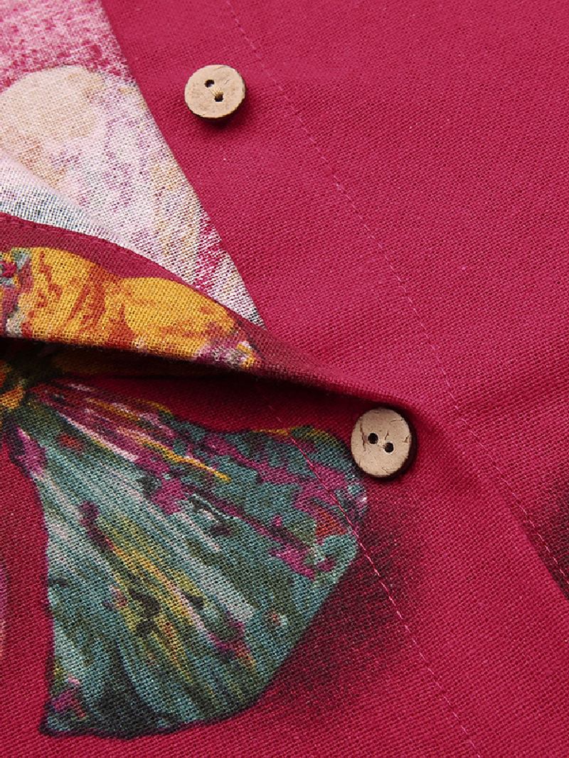 Kvinnor Bomull Blommor Med Tryck Kaftan Långärmad Retro Skjorta Klänning