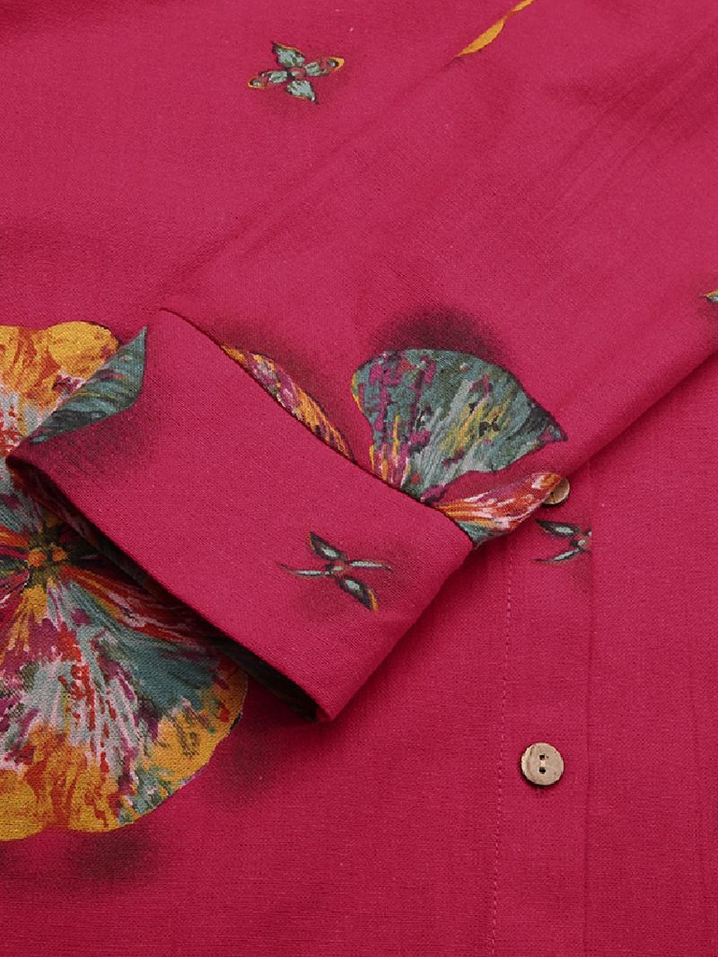 Kvinnor Bomull Blommor Med Tryck Kaftan Långärmad Retro Skjorta Klänning