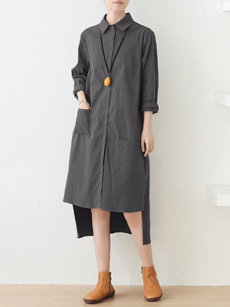 Kvinnor Enfärgad Knappficka Lapel Collar High-low Fåll Långärmad Skjortklänning