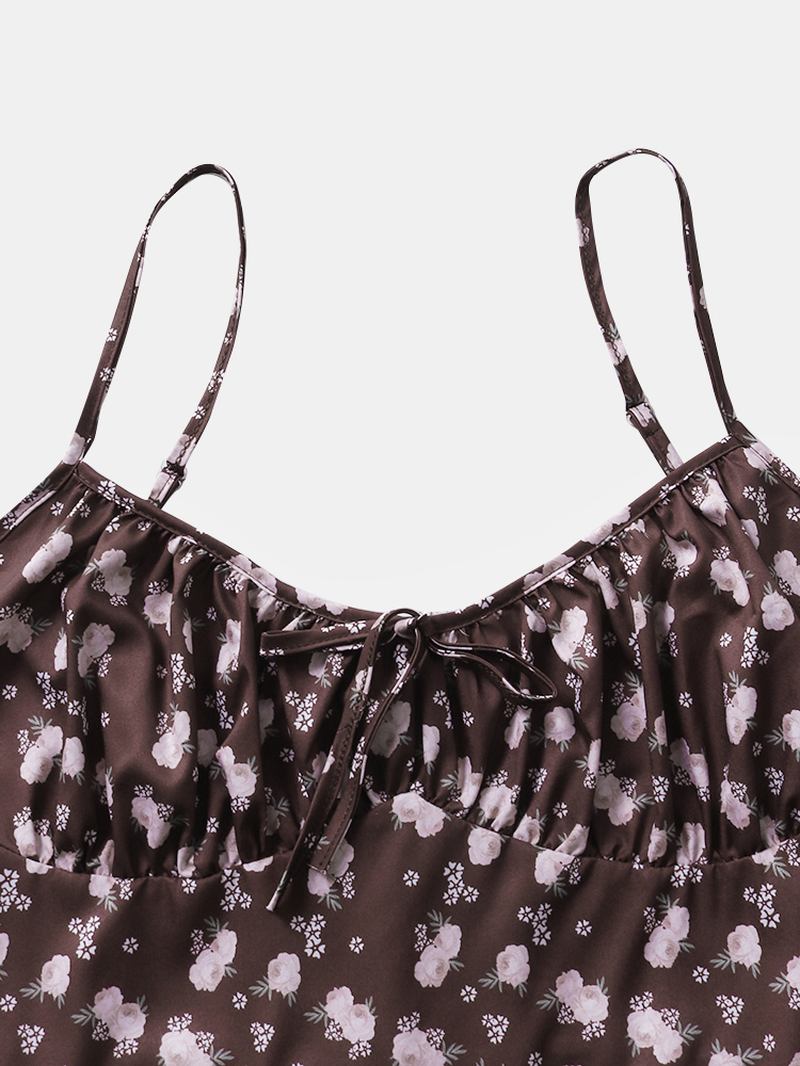 Kvinnor Retro Blommor Med Tryck Split Strappy Cami Casual Midi-klänningar