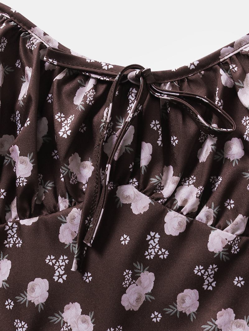 Kvinnor Retro Blommor Med Tryck Split Strappy Cami Casual Midi-klänningar