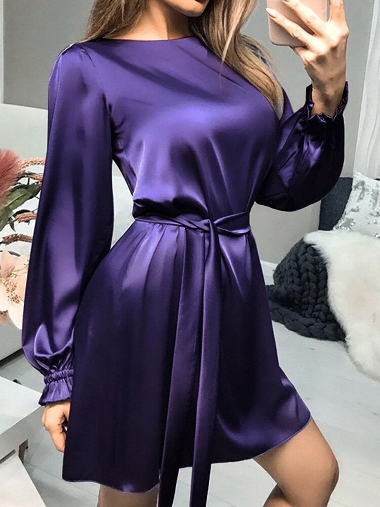 Kvinnor Satin Solid Puff Sleeve Knälånga Midiklänningar