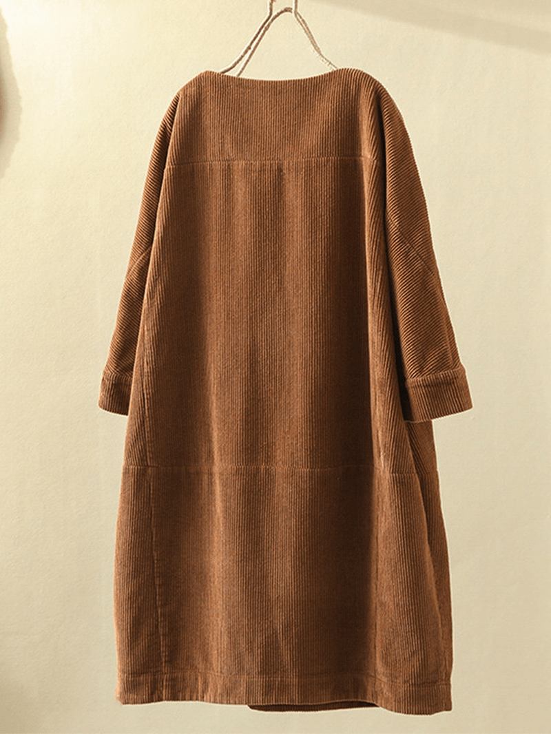 Plus Size Enfärgad Corduroy Crew Neck Vintage Loose Fit Klänning