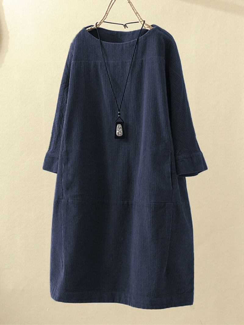 Plus Size Enfärgad Corduroy Crew Neck Vintage Loose Fit Klänning