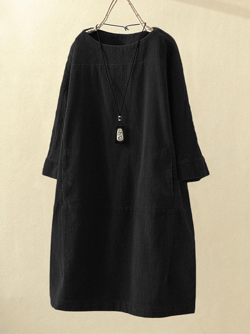 Plus Size Enfärgad Corduroy Crew Neck Vintage Loose Fit Klänning