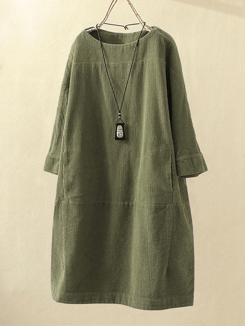 Plus Size Enfärgad Corduroy Crew Neck Vintage Loose Fit Klänning