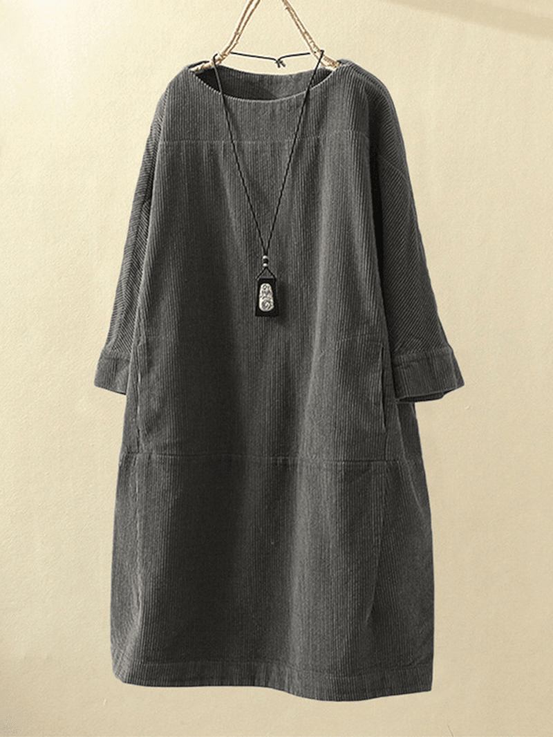 Plus Size Enfärgad Corduroy Crew Neck Vintage Loose Fit Klänning