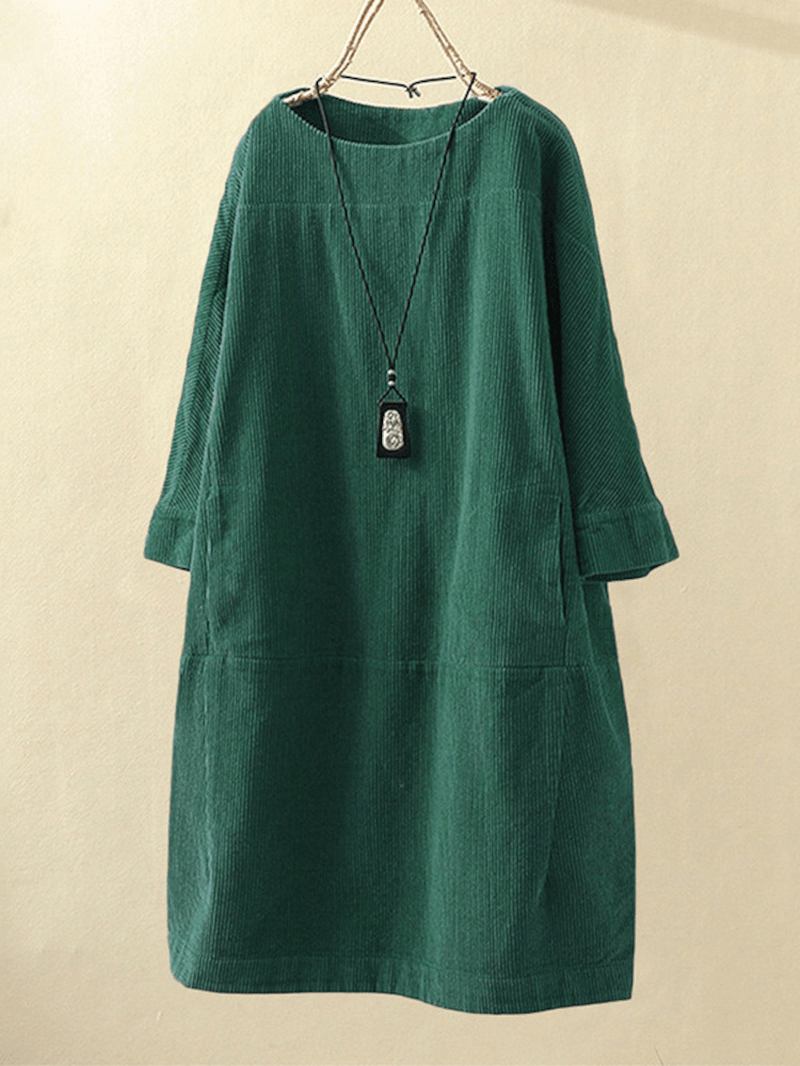Plus Size Enfärgad Corduroy Crew Neck Vintage Loose Fit Klänning