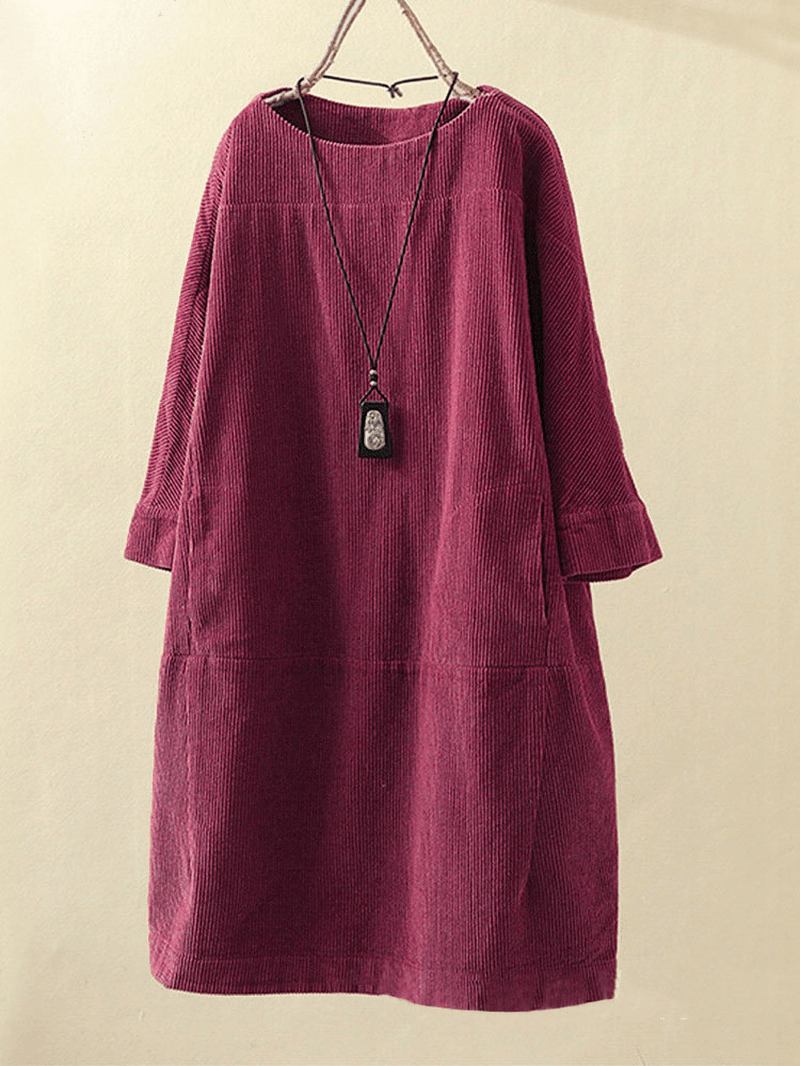 Plus Size Enfärgad Corduroy Crew Neck Vintage Loose Fit Klänning