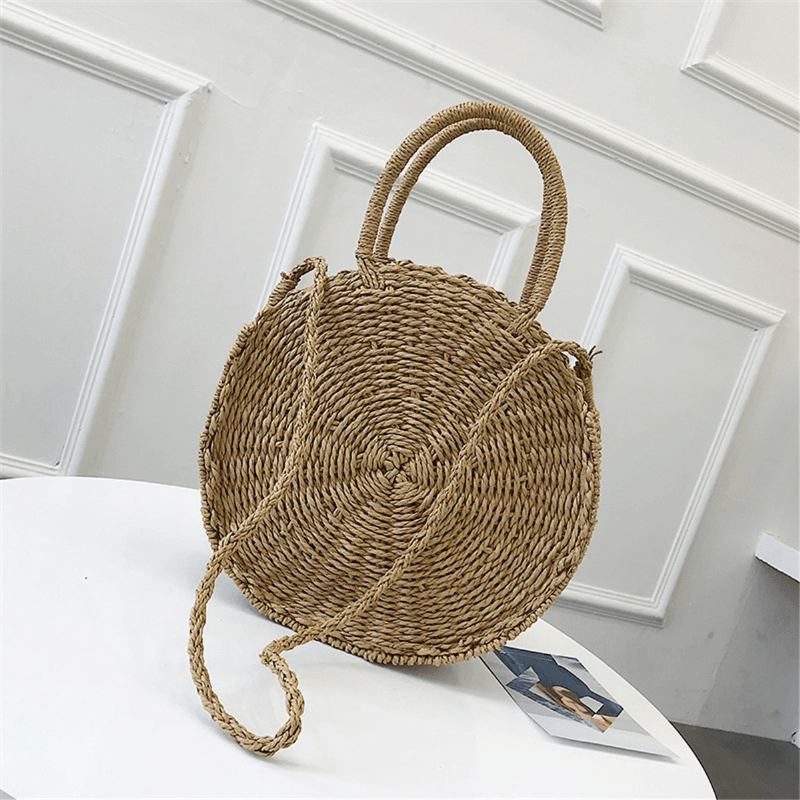 Bohemia Rattan Straw Bag Dam Halm Handväska Rund Strand 110cm Längd Polyester