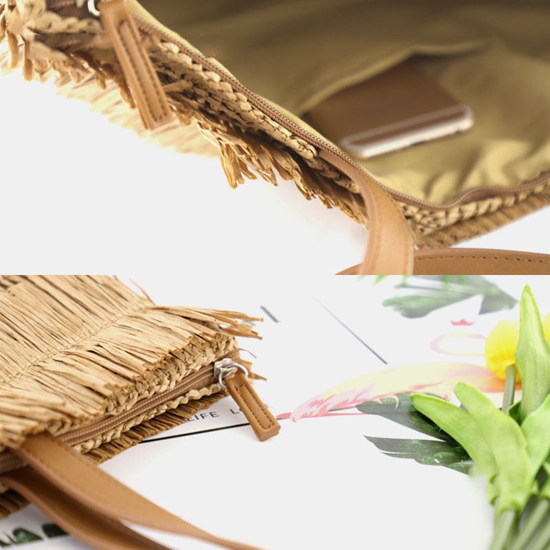 Dam Halm Stor Kapacitet Casual Retro Andningsbar Beach Bag Handväska Axelväska