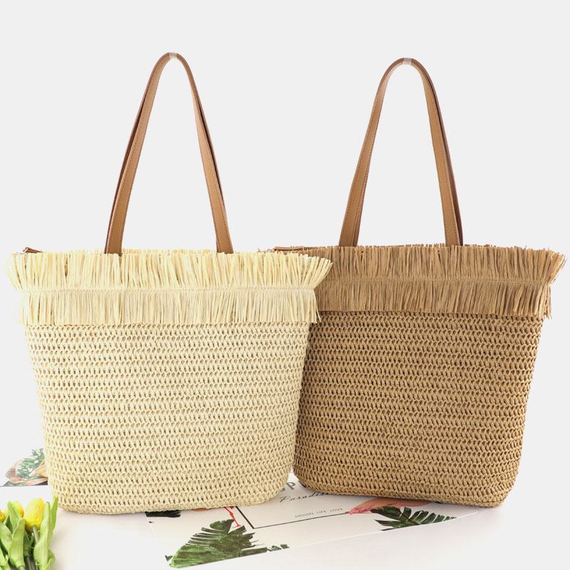 Dam Halm Stor Kapacitet Casual Retro Andningsbar Beach Bag Handväska Axelväska