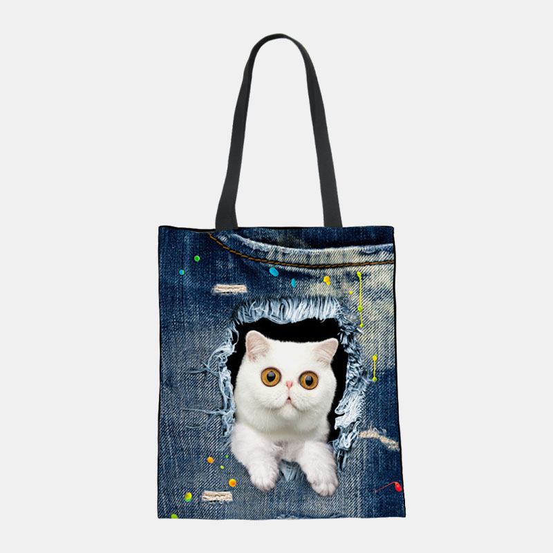 Kvinnor Canvas Breaking Hole Denim 3d Söt Katt Hundmönster Casual Outdoor Handväska Axelväska Tote