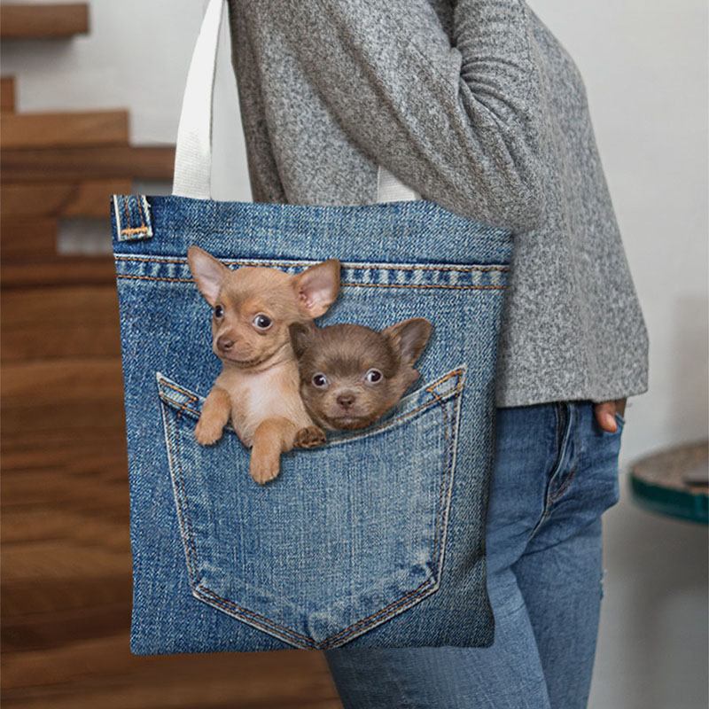 Kvinnor Canvas Katt Hund Inuti Jeans Mönster Skolväska Med Stor Kapacitet Axelväska Handväska Tote