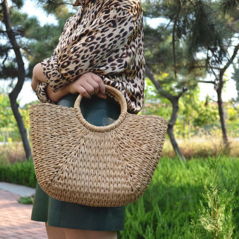 Kvinnor Casual Straw Handväska Woven Plush Ball Beach Bag