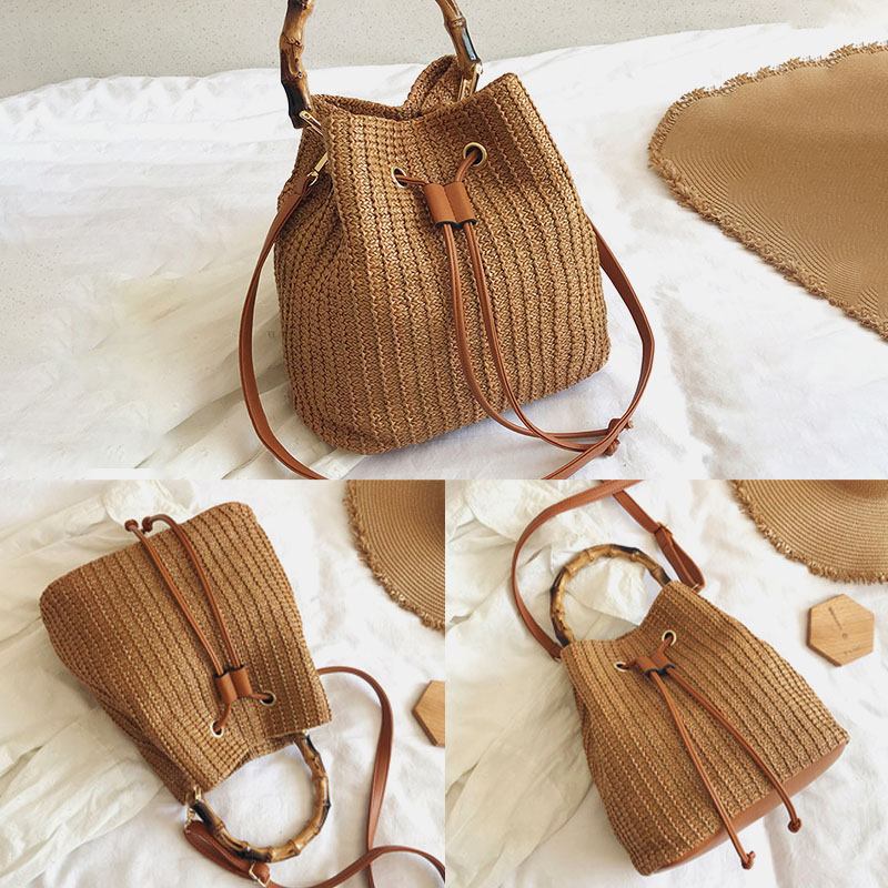 Kvinnor Enfärgad String Casual Straw Bag Handväska Axelväska Crossbody Bags Bucket Bag
