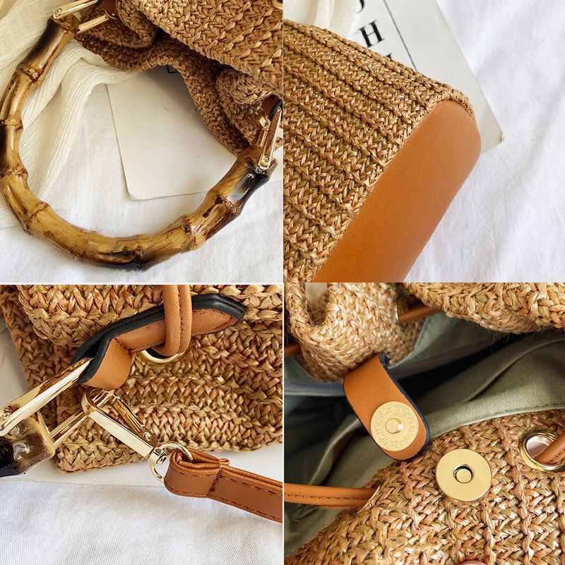 Kvinnor Enfärgad String Casual Straw Bag Handväska Axelväska Crossbody Bags Bucket Bag