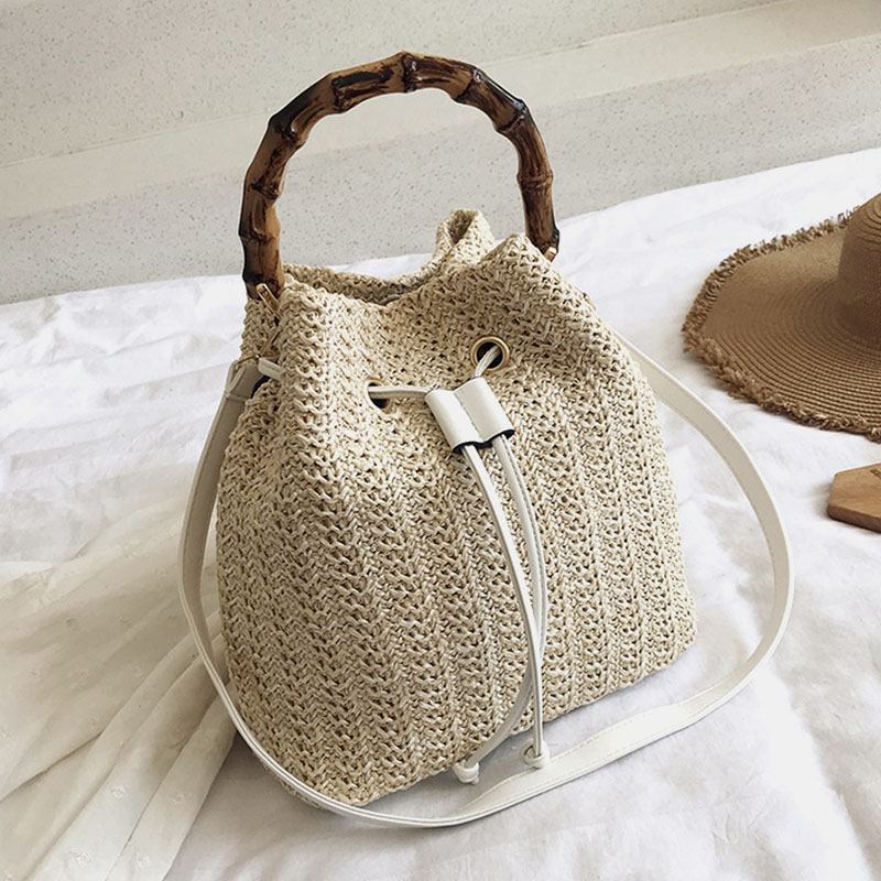 Kvinnor Enfärgad String Casual Straw Bag Handväska Axelväska Crossbody Bags Bucket Bag