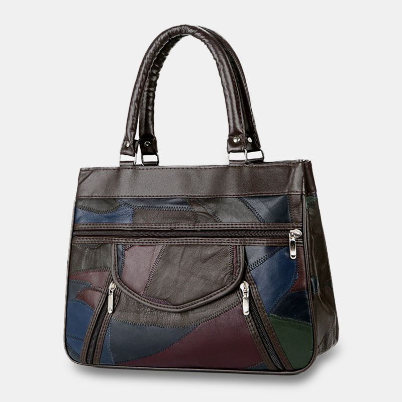 Kvinnor I Äkta Läder Patchwork Målad Tygväska Multi-pocket Handväskor Med Stor Kapacitet Vintage Crossbody-väskor